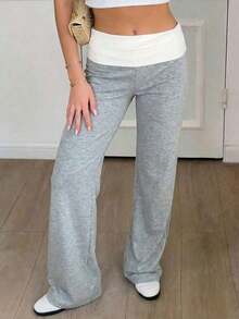 Sunny Girly Summer Y2K Back To School Casual Home Waistline White Pleated Patchwork Straight Pants - 淺灰色 - 查看 7