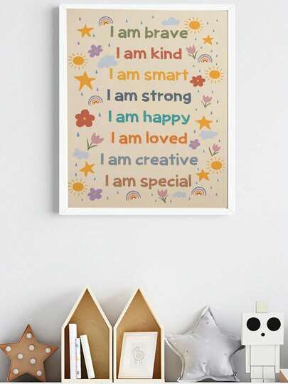Tranh treo tường lớp học cho trẻ em với thông điệp khẳng định tích cực – "Tôi dũng cảm, tôi tốt bụng, tôi thông minh, tôi mạnh mẽ, tôi hạnh phúc, tôi được yêu thương", tranh in câu nói truyền cảm hứng, trang trí tường phòng trẻ sơ sinh hình cầu vồng dễ thương, trang trí lớp học mầm non, tranh treo tường không gian học tập Montessori, biển hiệu treo tường phòng giáo viên, tranh treo tường phòng chơi cho trẻ nhỏ, trang trí phòng ngủ trẻ em theo phong cách thẩm mỹ, tranh treo tường giáo dục tại nhà, tranh trích dẫn động viên, quà tặng trang trí phòng học cho trẻ em.