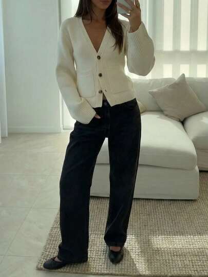 Elegant Casual Daily Cardigan Long Sleeve Knitted Sweater Coat, Suitable For Dates And Commuting White