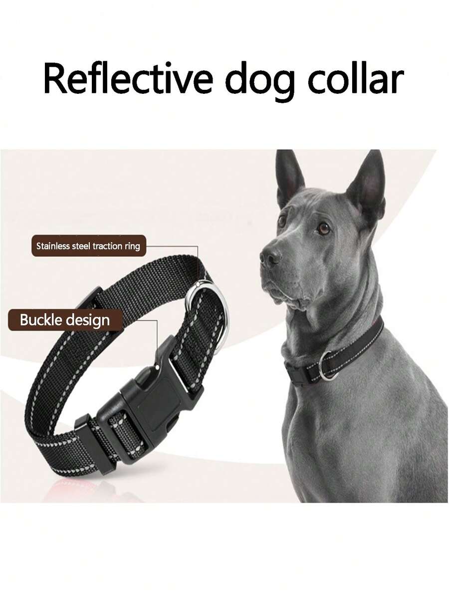Reflective Nylon Dog Collar With Small Footprint Reflective Thread, Adjustable For Small, Medium & Large Dogs - Black - View 1