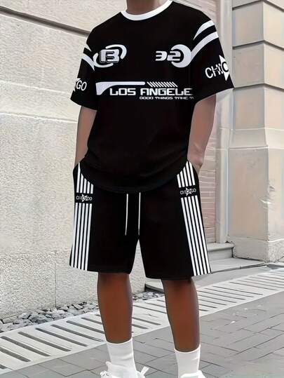 男士休闲T恤两件套，醒目的“32”数字，芝加哥元素图案，透气合身，适合日常及正式场合穿着——圆领休闲上衣，抽绳松紧腰短裤，舒适的户外活动上衣，运动风格，耐用柔软面料