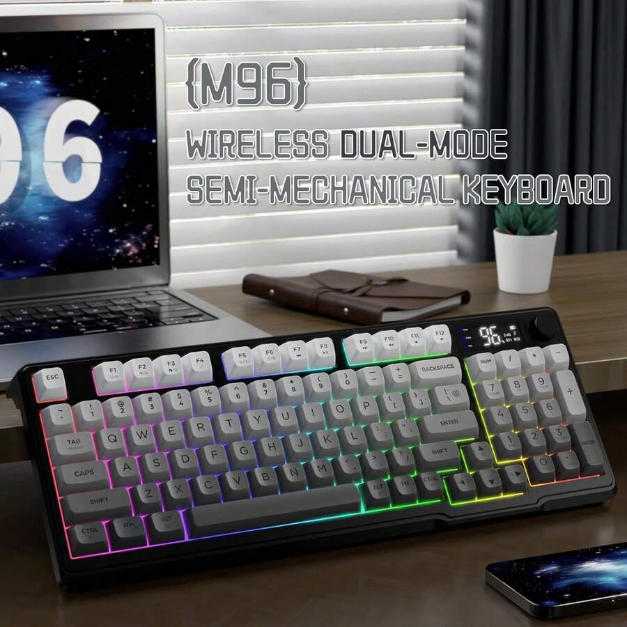 ATTACK SHARK FREEWOLF M96 无线键盘,超薄静音薄膜游戏键盘,带智能显示屏和旋钮,RGB 背光,USB-C 可充电,94 键 PBT 键帽,适用于 Windows PC、Mac、Linux - 月光夜色 - 查看 1