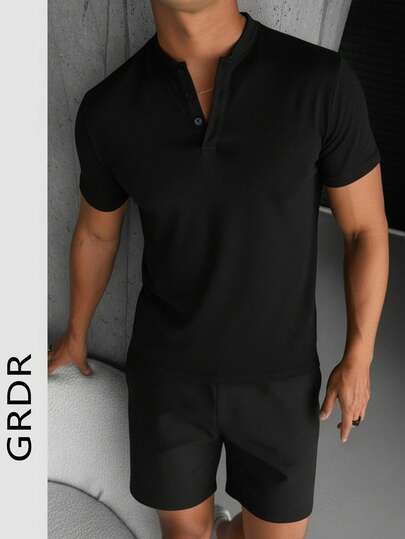 GRDR Men's Summer Henley Neck Short Sleeve & Shorts 2 Pieces Set, Comfortable & Versatile Business Casual