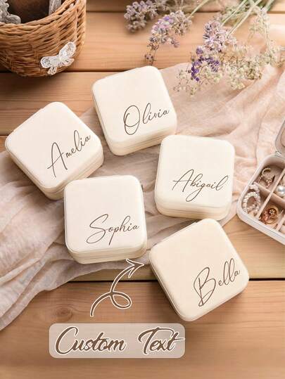 Personalized Name Jewelry Box, Beige Large Jewelry Box With Customized Name, Large Name On Bottom Right, Elegant Travel Jewelry Storage Box Suitable For Bridesmaids, Couples And Gifts, Fabric Lining, Zipper Closure, Classic Style, Jewelry Gift Box, Jewelry Box