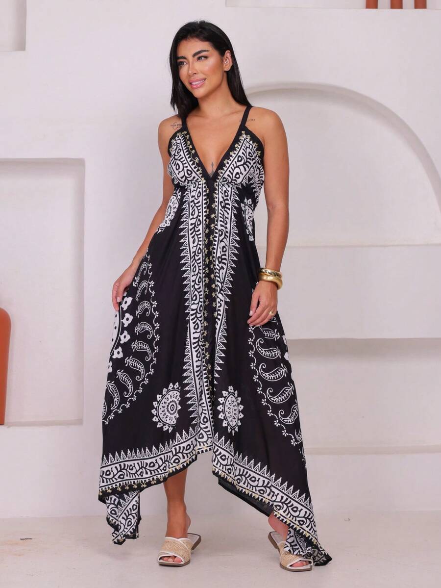 Long  Dress With Printed Hem. - Black - View 1