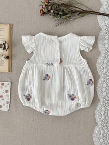 Bộ áo liền quần bằng cotton trắng thêu hoa tay bồng cho bé gái sơ sinh, thích hợp cho mùa hè. - trắng - Xem 8