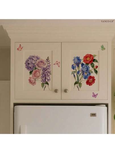 创意花卉墙贴，四季花园主题，PVC多功能墙贴，自粘式，适用于客厅、卧室、餐厅等场所的花卉墙面装饰，可移除彩色花卉图案，优雅墙面艺术，无损PVC多空间画布