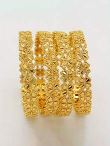 1pc 24K Gold Plated Middle Eastern Style Four-Leaf Flower Bangle Bracelet, Luxury African/Nigerian Women's Wedding Party Accessory, Bohemian Jewelry - Gold 5 - View 3