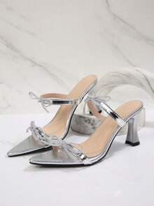 2026 Summer New Pointed Toe Wineglass Heel Bowknot Rhinestone High Heel Sandals, Suitable For Dates And Commuting - Silver - View 6