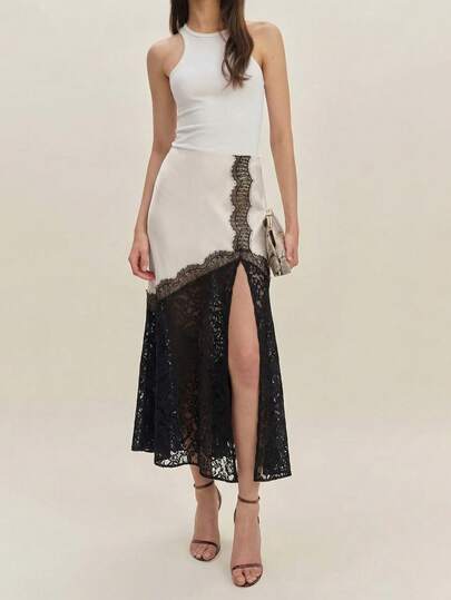 تنورة نسائية أنيقة من الساتان والدانتيل بخصر عالي مع شق جانبي للصيف