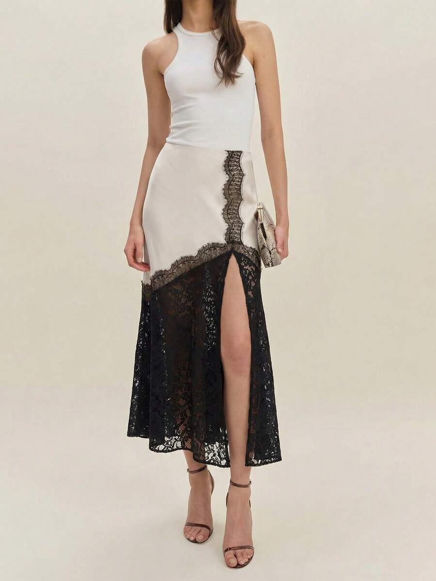 女士优雅缎面蕾丝拼接高腰开衩半身裙 - 黑和白 - 查看 1