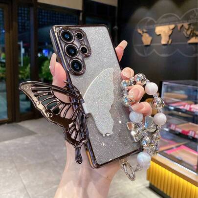 (With Bracelet) Luxury Butterfly Stand Phone Case, Dust-Proof Thick Edge Protection Cover, Suitable For Samsung Galaxy S24 Ultra/S24 Plus/S24/S23 Ultra/S23 Plus/S23/S22 Ultra/S22 Plus/S22/S21 Ultra/S21 Plus/S21 FE/S23 FE/S20 Ultra/S20 Plus/S20 FE, Suitable For A5x/C1 2 3 4 5 6 7 8 9/9 8 7 6 5 4 3 2 1