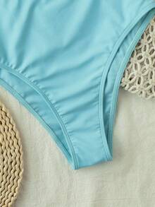 夏日海滩：女士蓝色连体泳衣，采用舒适高弹尼龙纯色面料，带胸垫和内衬。饰有时尚小海星装饰，正面镂空设计，露背，细肩带挂脖。优雅的女士海滩度假装扮。休闲百搭。 - 藍色 - 查看 6