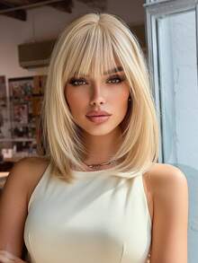 12 Inch Ombre Brown Black Gold Wig, Women's Short Straight Bob Hairstyle With Bangs, Heat Resistant Synthetic Fiber Wig, Fashion Versatile, Suitable For Women & Girls For Daily Wear, Parties, Cosplay, Photography And More - 金色 - 查看 1