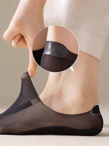 1双装女士冰丝船袜夏季薄款棉底隐形防滑后跟袜 - 彩色 - 查看 3