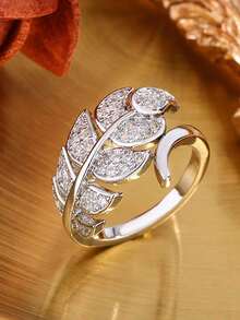 Asymmetrical Feather Wing Cubic Zirconia Ring, Unique Design Jewelry Gift For Women - White - View 1