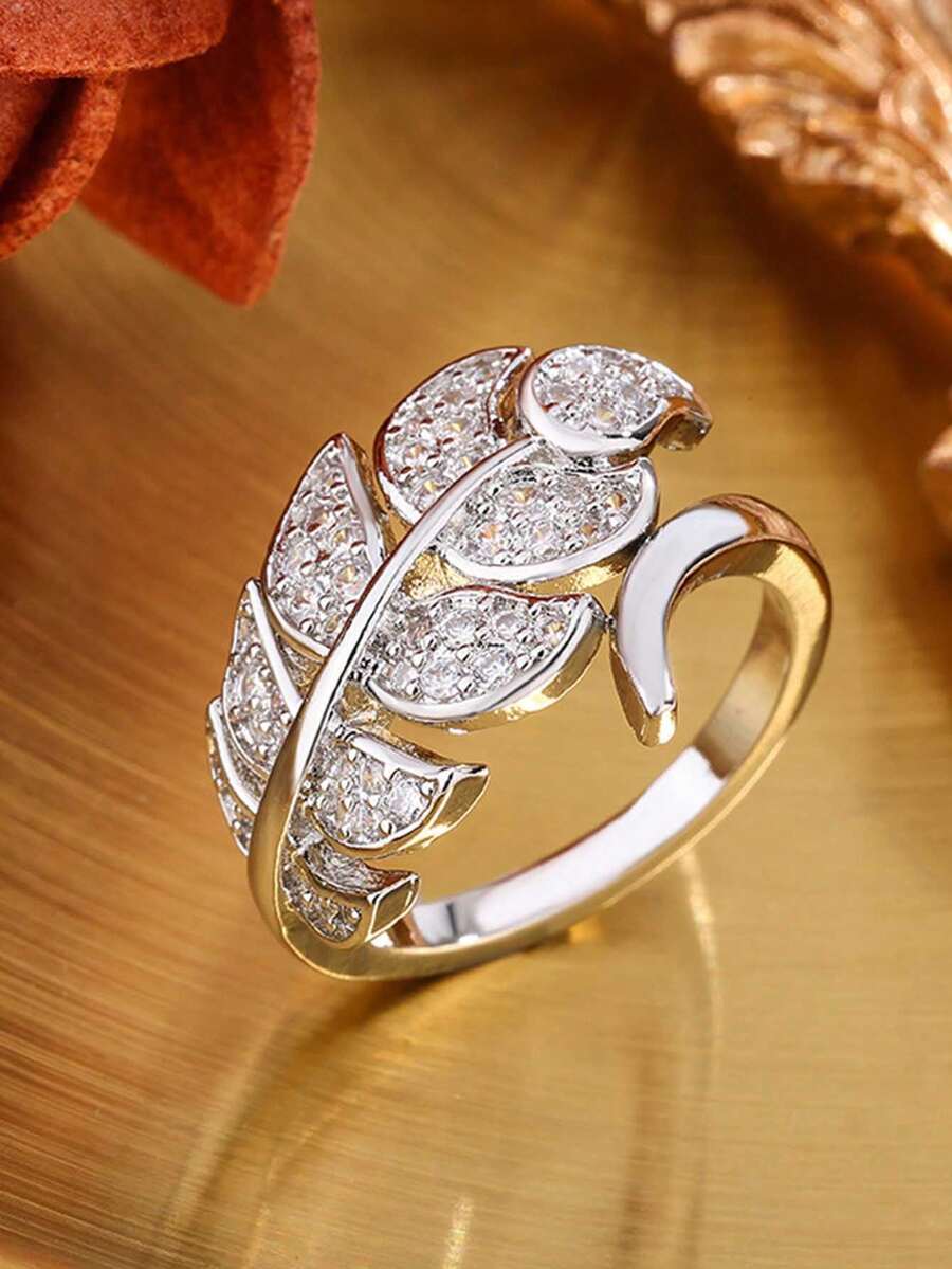 Asymmetrical Feather Wing Cubic Zirconia Ring, Unique Design Jewelry Gift For Women - White - View 1
