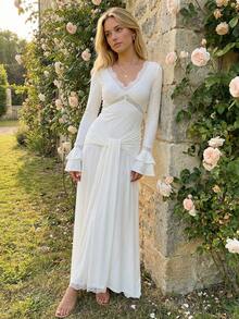 Women's Fall Lace Long Dress Elegant Solid Color Long Sleeve V Neck Slim Fit Ruffle Dress For Daily Event Wear - Milky - View 2