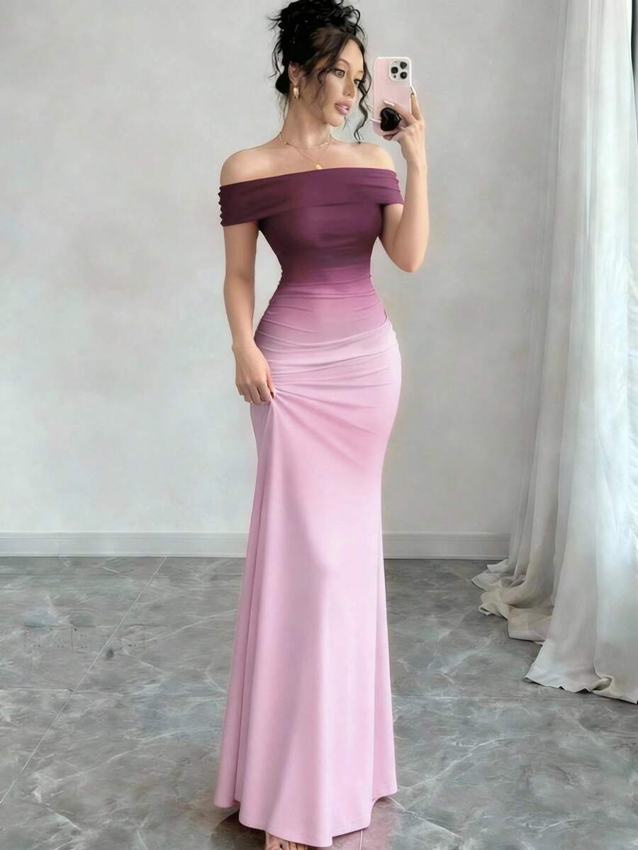 2026 European And American Fashion Short-Sleeved Gradient Off-Shoulder Bodycon Long Dress - Dark Red - View 1