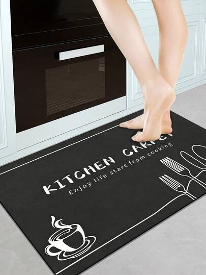 1pc Rubber Kitchen Mat, Minimalist Gray Cutlery & Letter Print Pattern, Nordic Luxury Style Kitchen Rug, Laundry Room Carpet, Easy Care Machine/Hand Washable, Suitable For Kitchen, Dining Room, Laundry Room, Entryway