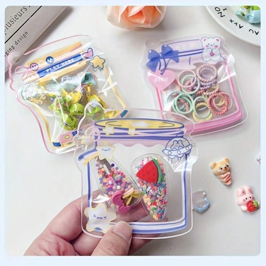20/50/80pcs Cute Cartoon Transparent Self-Sealing Bags, Suitable For Hair Accessory Packaging, Cute Gift Self-Sealing Bags, Mixed Styles, Seal Food Storage And Food Cabinet Organization, Reusable Food Storage Bags, Transparent Textured Design, Contents Visible - Multicolor - View 1