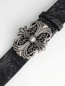 新款复古男士腰带，波西米亚风时尚黑色仿皮腰带，搭配复古镂空扣——时尚个性朋克摇滚Y2K风格男女通用腰带——适合搭配牛仔裤、连衣裙、休闲装和派对服饰 - 黑色 - 查看 4