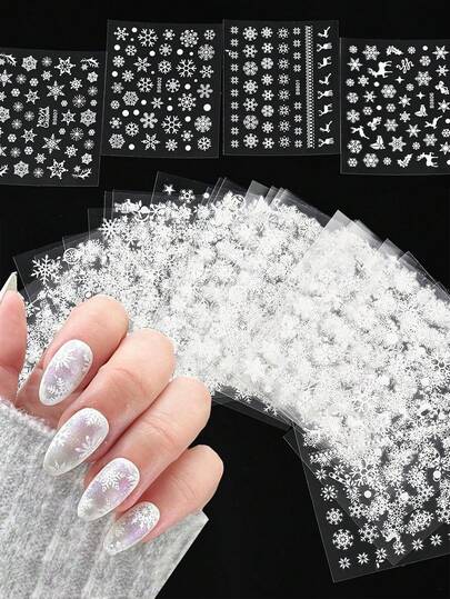 30 hojas de pegatinas de arte de uñas con copos de nieve - 30 piezas de calcomanías de arte de uñas 3D con diseños de copos de nieve, muñeco de nieve, reno y nieve para decoración de uñas de Navidad y Año Nuevo