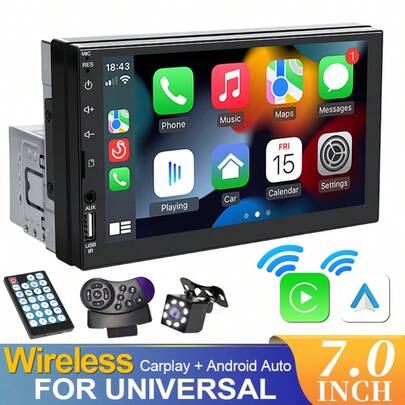 Single DIN Car MP5 Player, Supports Wireless CarPlay And Android Auto, 7-Inch HD Touchscreen, Bluetooth, Stereo, 12V Power, FM Radio, ISO Interface, AUX Input, SD Card Slot, USB Port, With/Without Camera