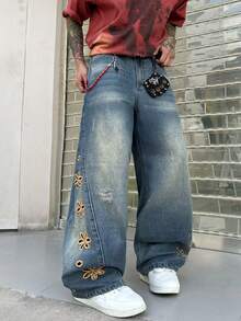Jeans Infinite 1 Moda callejera estadounidense Pantalones vaqueros anchos de hombre con parches, bordados y desgastados, sueltos y cómodos, de estilo casual y urbano, para todas las estaciones - Azul - Ver 6