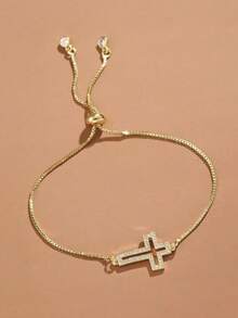1件夏季新款镂空十字架可调节手链，镶嵌微镶锆石，百搭女士饰品 - 金黃色 - 查看 2