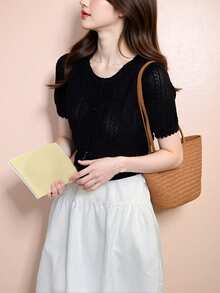 Alicedudu Áo nữ thanh lịch, dáng ôm nhẹ, cổ tròn, viền ren, tay ngắn, màu đen, thích hợp cho mùa hè. - màu đen - Xem 4