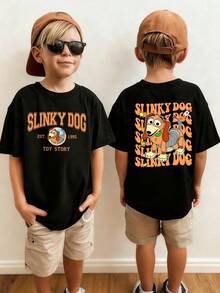 Disney Boys' T-Shirt Featuring A Toy Story Alphabet Cartoon Double-Sided Print. Spring/Summer Boys' Crew Neck T-Shirt Made From Soft, Comfortable Fabric, Perfect For Everyday Wear, Shopping, Playtime, And School. - 黑色 - 查看 1