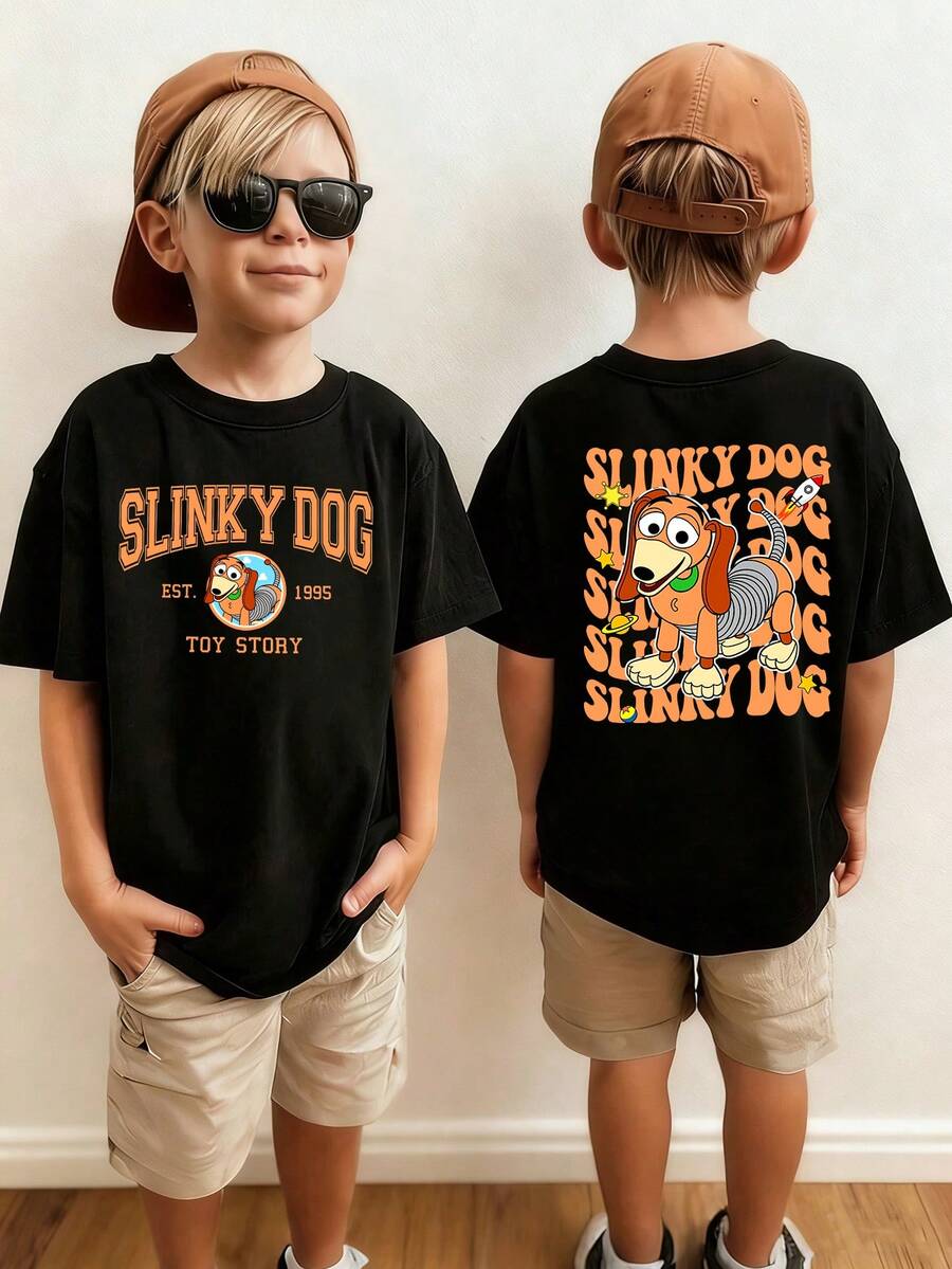 Disney Boys' T-Shirt Featuring A Toy Story Alphabet Cartoon Double-Sided Print. Spring/Summer Boys' Crew Neck T-Shirt Made From Soft, Comfortable Fabric, Perfect For Everyday Wear, Shopping, Playtime, And School. - 黑色 - 查看 1