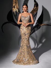 Women's Elegant Sleeveless Backless Mermaid Long Dress, With Sequin Embroidery And Contrast Mesh Design, Suitable For Evening Gala Spring - Champagne - View 4