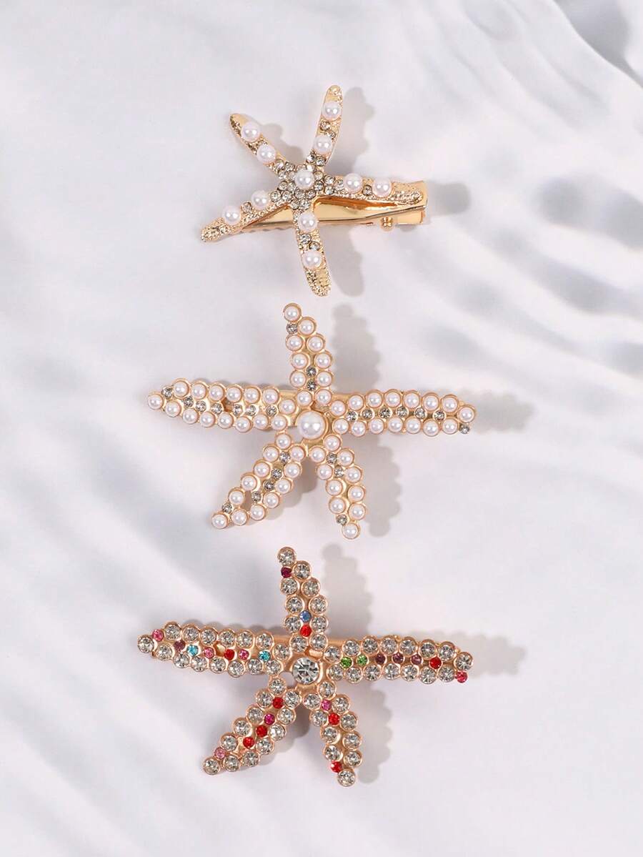3 Stücke Vintage Kunstperlen Dekor Seestern geformte Haarspange, stilvoller Haarknoten Maker Accessoire, geeignet für Teenager und Mädchen für den täglichen Gebrauch, flache Klemmspange, Klemmspangen, Haarspangen, Haarclips, Haarklammern, Schul- und Urlaubsstil Haarzubehör - Verschiedenfarbig - Übersicht 1