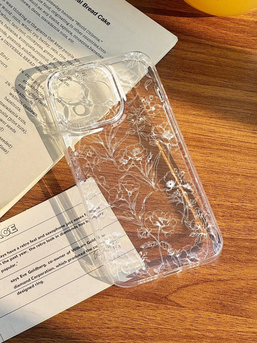 1个极简线条艺术白色花卉图案透明软手机壳，防滑，适用于 11/12/13/14/15/16/17 Pro Max - 彩色 - 查看 1