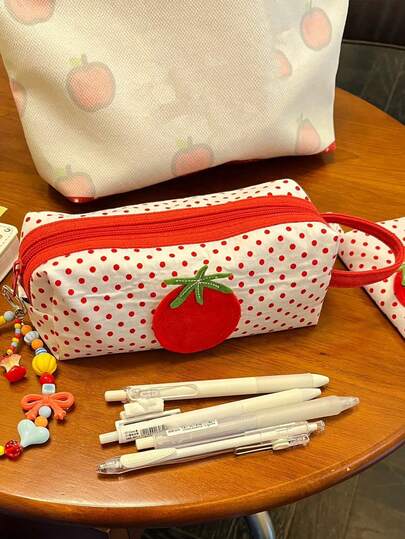 1pc Polka Dot Tomato Pencil Case (Keychain Not Included), Large Capacity Student Stationery Storage Bag, Korean Cute Pencil Box, Student Supplies, Back To School Gift, Desktop Stationery Organizer