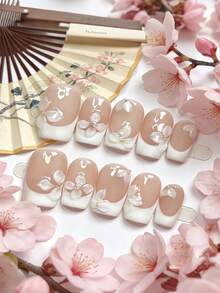 10pcs French Nude Transparent Nail Tips, 3D Handmade Floral Square Nail Art, Japanese Commuting Versatile False Nails - Multicolor - View 10