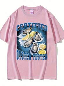 Camiseta de algodón de 180g, estilo veraniego nuevo con divertido estampado de mariscos y ostras, de manga corta, estilo casual, para el día a día, salidas informales, uso en casa y paseos al aire libre. Sencilla y sin restricciones, estilo moderno y de nicho, la primera opción para parejas. - Negro - Ver 10