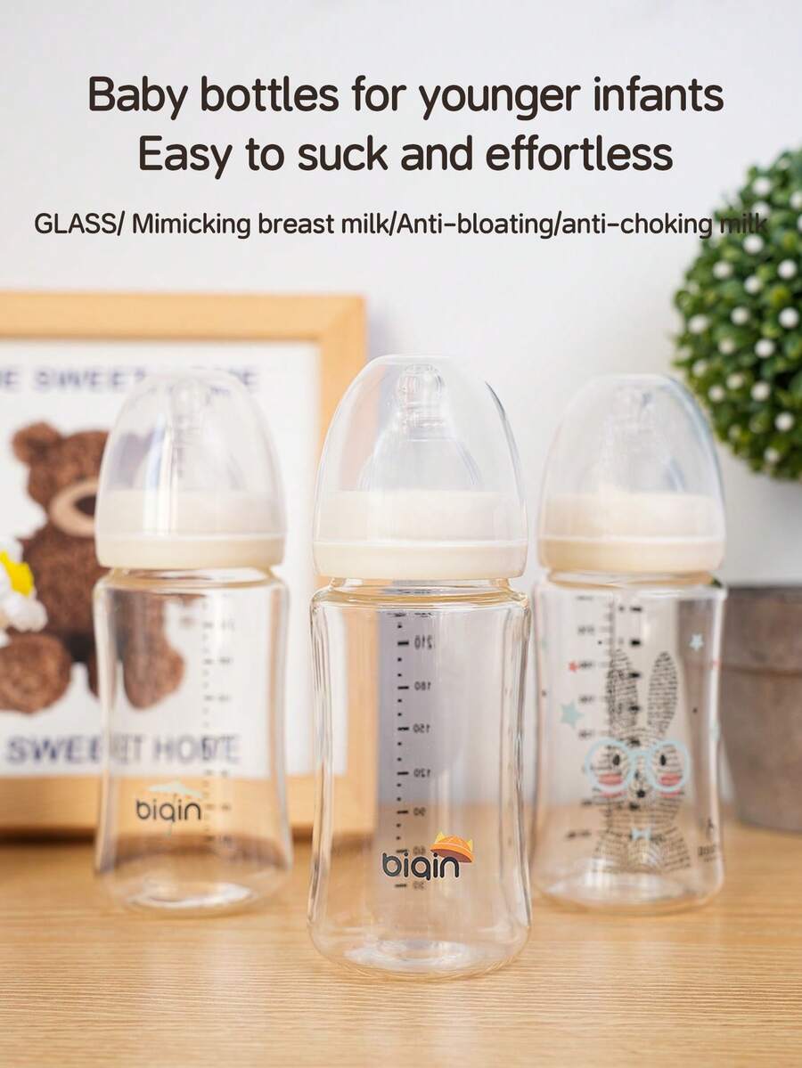 1pc Baby Wide-Mouth Glass Milk Bottle, Multiple Capacity, Anti-Colic, Suitable For Feeding Milk Powder - Multicolor - View 1