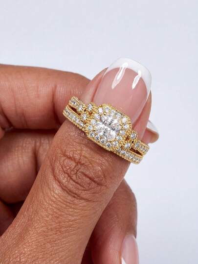 2pcs Lightweight Luxury Double-Layer Rhinestone Rings, S925 Sterling Silver Sparkling Rings Set For Women, Suitable For Daily Wear, Dates, Exquisite Jewelry Gift For Her, New Year Gift, Valentine's Day Gift