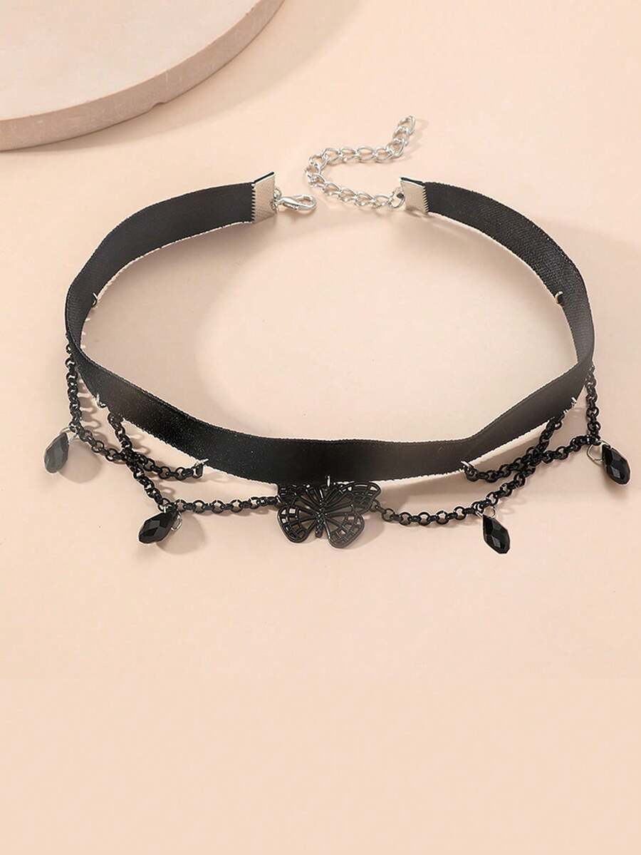 1pc Women's Retro Gothic Crystal Tassel Butterfly Choker Necklace, Collarbone Chain - Multicolor - View 1