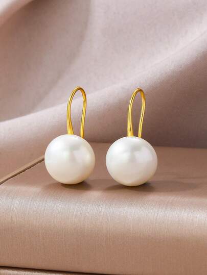  1 Pair Round Pearl Stud Earrings, 18K Gold Plated Stainless Steel Earrings, Elegant Faux Pearl French Retro Minimalist Chic Luxury Cute Earrings, Suitable For Women's Daily And Holiday Wear