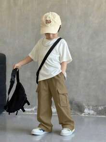 1 pieza Pantalones cargo de unicolor cómodos y versátiles para niño pequeño - Camel - Ver 4