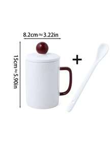 1 pezzo Tazza in ceramica minimalista con coperchio, tazza d'acqua in ceramica con manico rosso, tazza di grande capacità in colore solido creativo con cucchiaino, tazza con coperchio anti-polvere, adatta per caffetteria, negozio di dolci, ufficio, regalo - Multicolore - Visualizzare 2