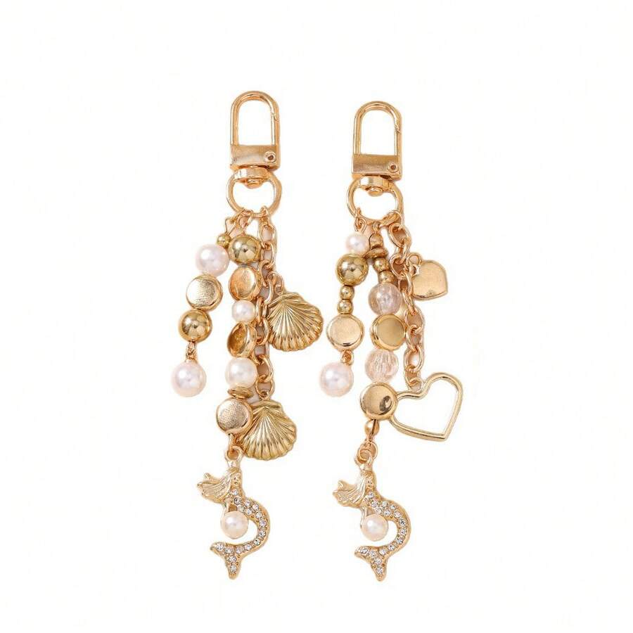 1pc Women's INS Style Elegant Pearl Heart Shell Mermaid Pendant Keychain, Sparkling Rhinestone Mermaid Bag Charm Keyring - Multicolor - View 1