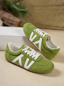 Zapatillas de plataforma cómodas con cordones, de puntera redonda, de estilo casual y versátil con bloques de color retro, adecuadas para uso diario - Verde - Ver 2