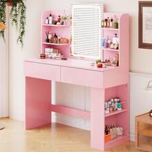 Devoko Dressing Table With LED Lighting, 3 Colors With Adjustable Brightness, Dressing Table With Mirror For Make-Up, Cosmetic Table With Adjustable Shelves, 2 Drawers, Modern, White - 查看 3