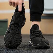 1 Pair Men's Breathable Knit Sneakers - Casual Lace-Up Trainers With Air Cushion, Non-Slip PVC Outsole, Fabric Upper, Lining And Insole, Synthetic Sole, Solid Color, Suitable For All Seasons - 黑色 - 查看 5
