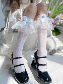 1 Pair Women's Thin Lace Trim Bow Hollow Out Patterned Mid-Calf Socks, Sweet & Versatile For Spring/Summer Daily Wear - White - View 7